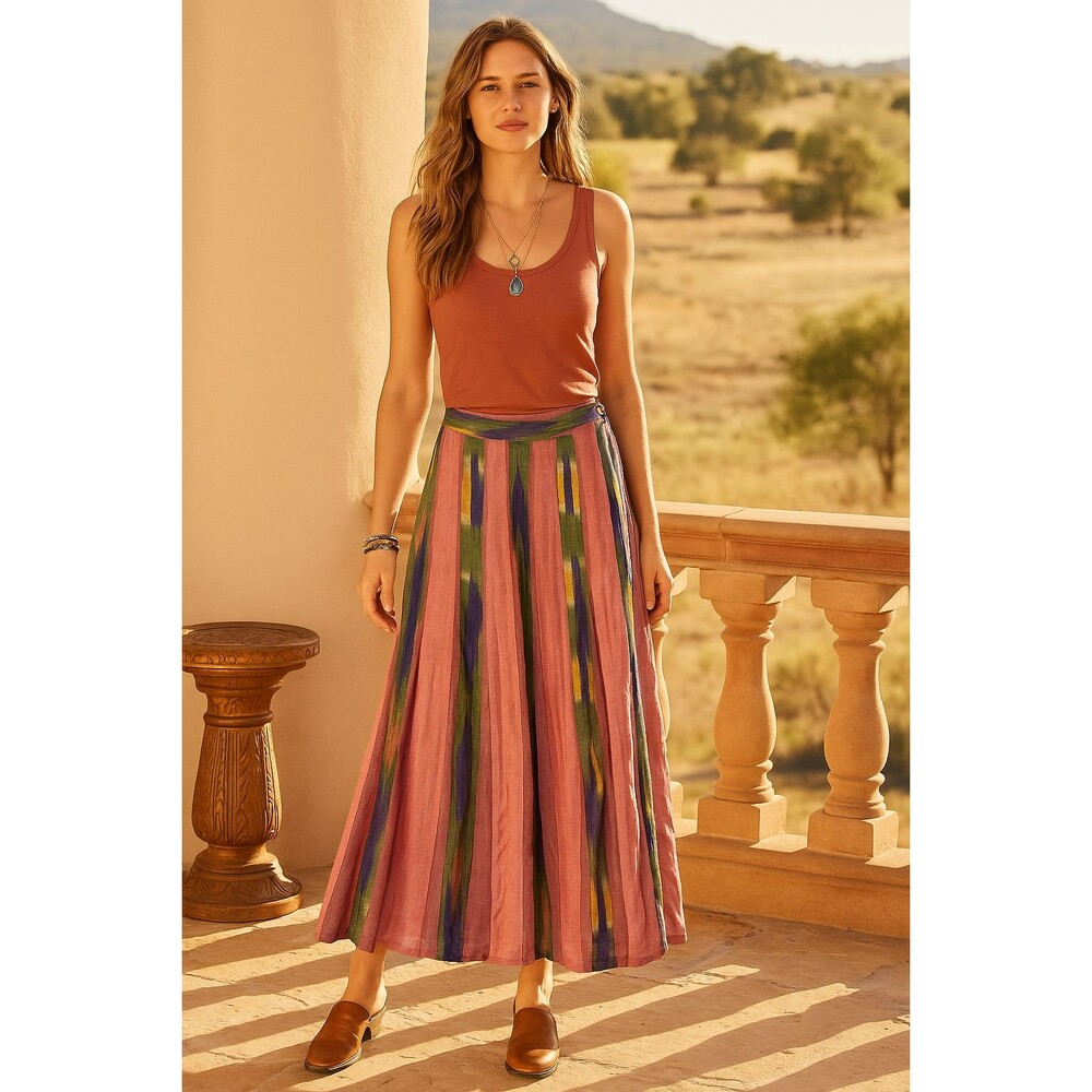 Vintage Sarah Arizona Sz M Rayon Boho Maxi Skirt Southwest Ikat Stripe‎ Pleated